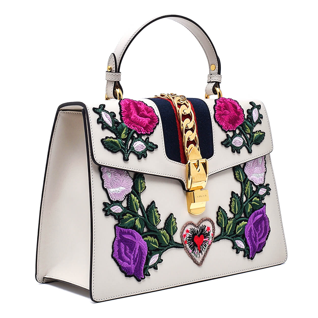 Gucci -White Leather Floral Embroidered Medium Sylvie Top Handle Bag w strap 